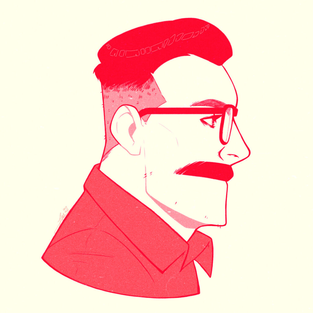 A commissioned portrait of Crossroads. He is a heavyset man with a mustache, glasses, and military fade haircut.